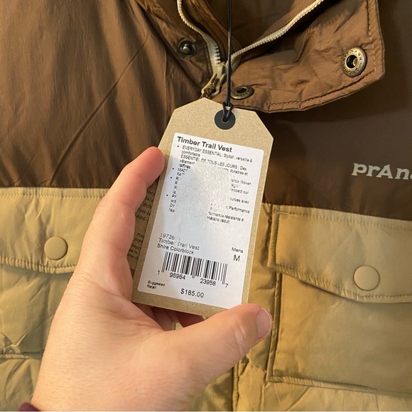 Prana Timber Trail vest in Shire color block brown and tan. Down vest. - Picture 2 of 6